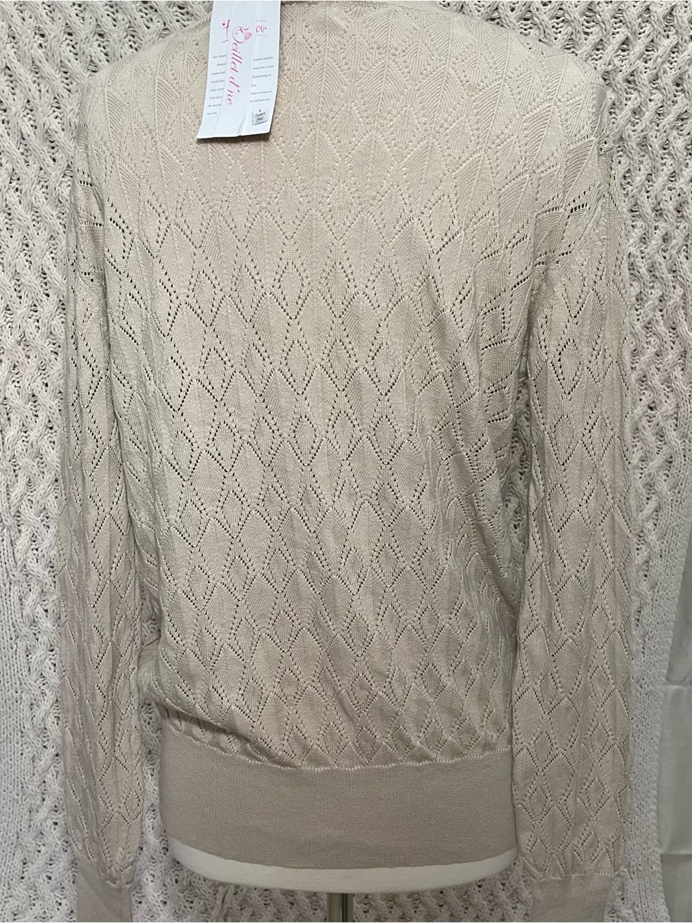 Light Beige Woman Openwork V-Neck Button Cardigan size L 100% Cotton - Picture 4 of 10